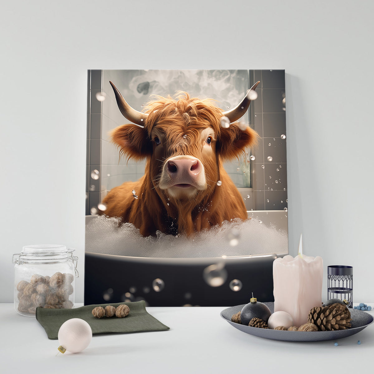 Highland Cow in the Bathtub Whimsical Surreal Animal Illustration Wall Art
