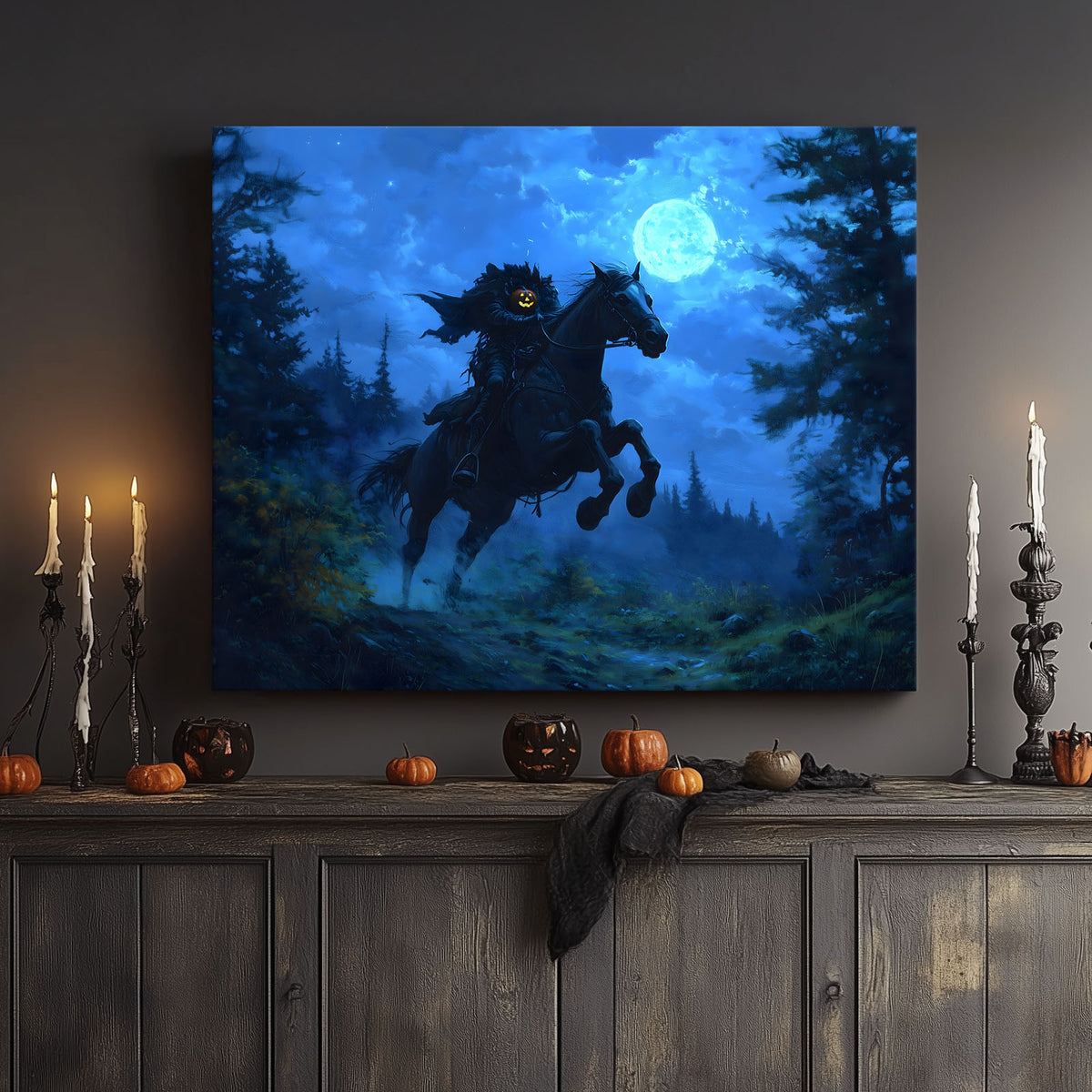 Moonlit Headless Horseman Halloween Canvas Wall Art