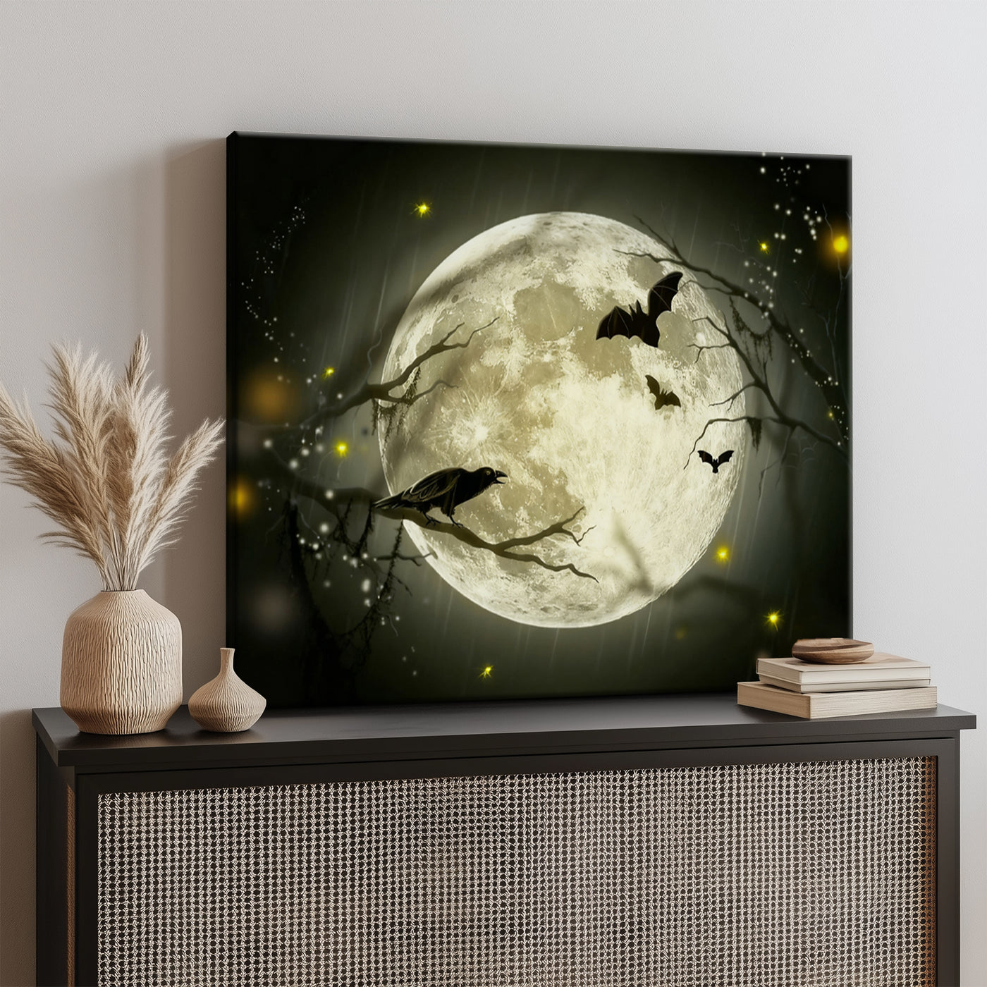 Raven Under the Harvest Moon Halloween Canvas Wall Art