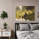 Mother and Child by the Pastoral Pond Nostalgic Impressionist Countryside Painting Wall Art