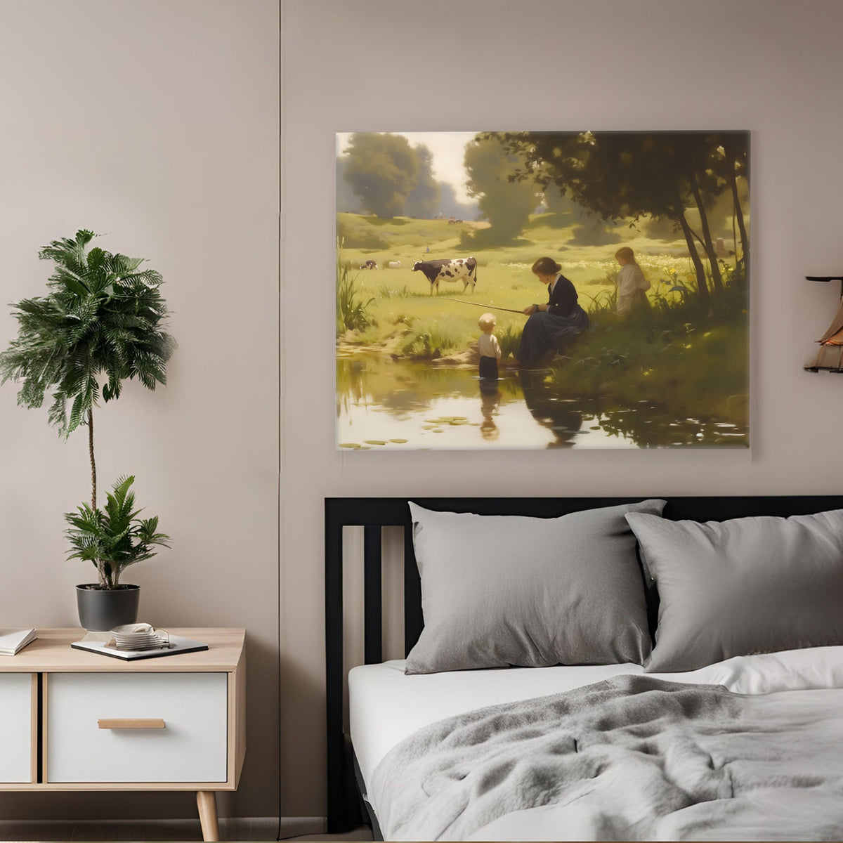 Mother and Child by the Pastoral Pond Nostalgic Impressionist Countryside Painting Wall Art