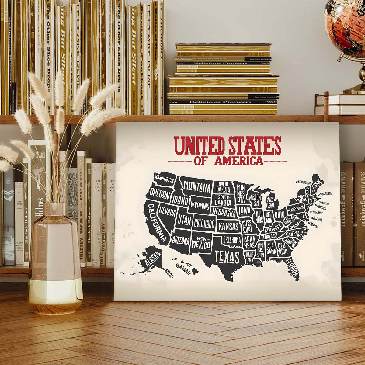 United States State Map Vintage Black and White U.S. Map Illustration Wall Art