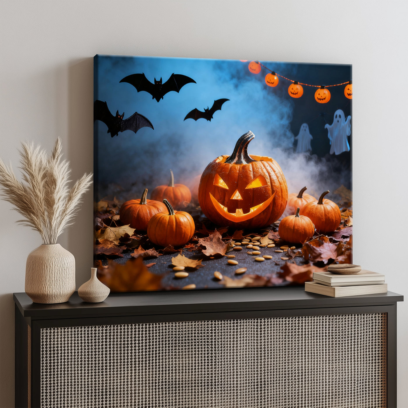 Pumpkin Patch Halloween Canvas Wall Art, Bats and Ghosts Decor
