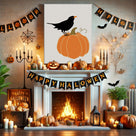 Halloween Minimalist Crow on Pumpkin Illustration and Pumpkin Wall Art