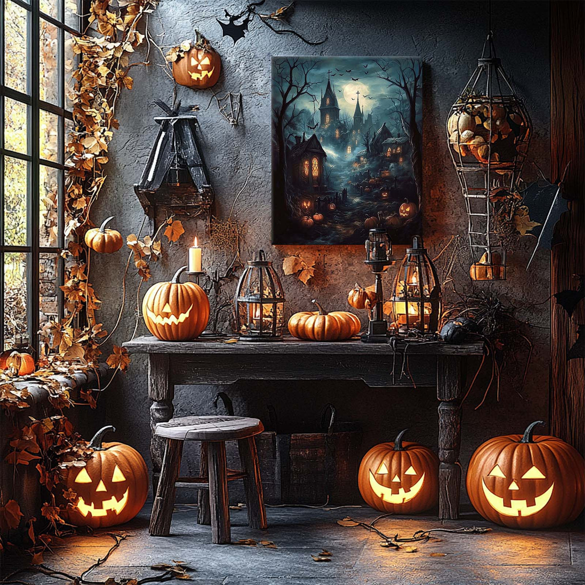 Moonlit Gothic Halloween Landscape Haunted Village Wall Art