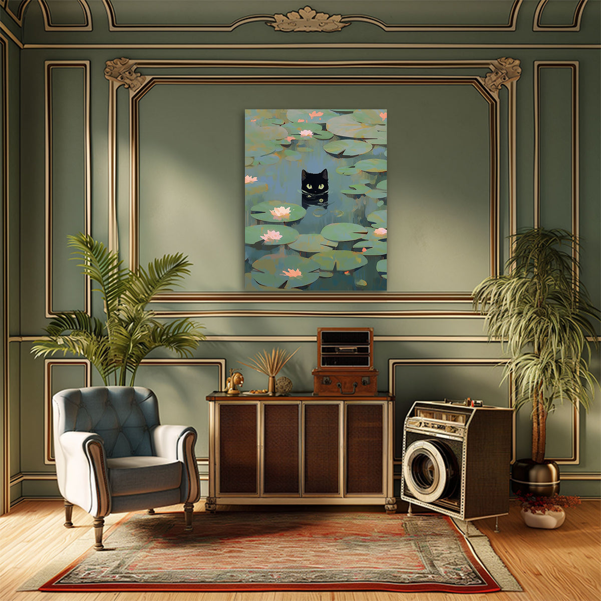 Black Cat Water Lily Wall Art