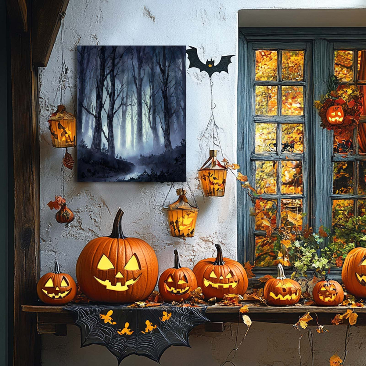Haunted Misty Dark Forest Illustration Halloween Wall Art
