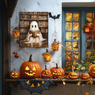 Cute Ghost Reading in the Library Whimsical Halloween Storybook Illustration Wall Art