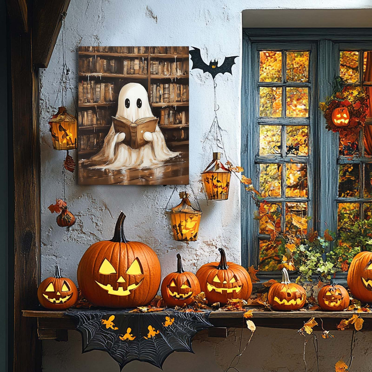 Cute Ghost Reading in the Library Whimsical Halloween Storybook Illustration Wall Art