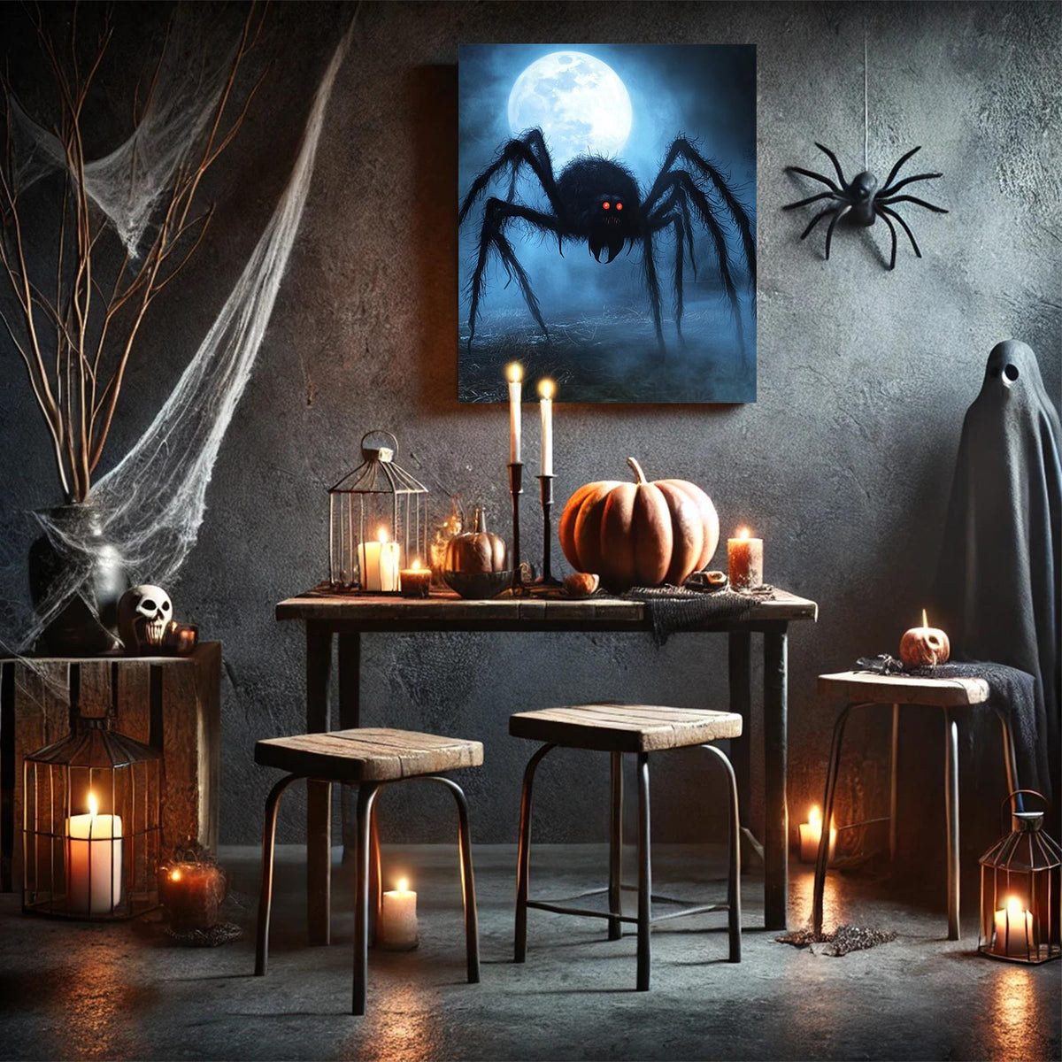 Giant Spider Under the Full Moon Canvas Wall Art – Creepy Halloween Horror Decor