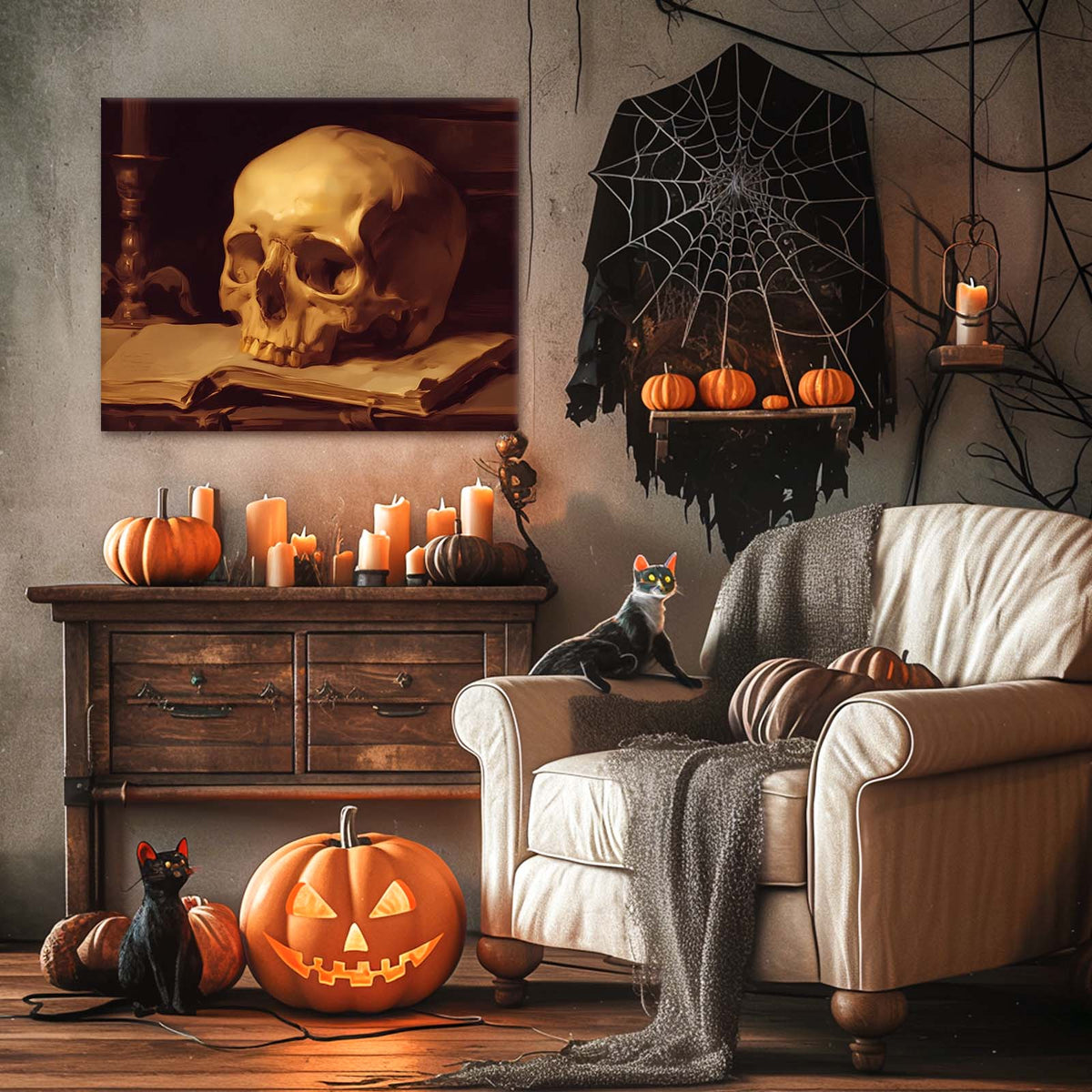 Dark Academia Skull Still Life Painting and Book Wall Art