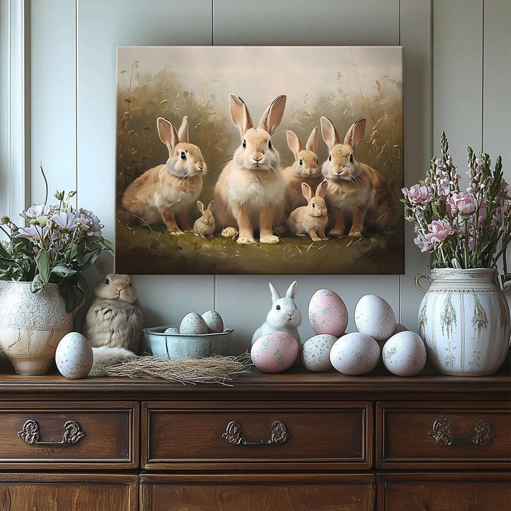 Easter Grassland Rabbits Canvas Wall Art Adorable Hares Oil Painting Home Decor, Nature-Inspired Wall Decor Stunning Lovable Bunny Canvas Prints