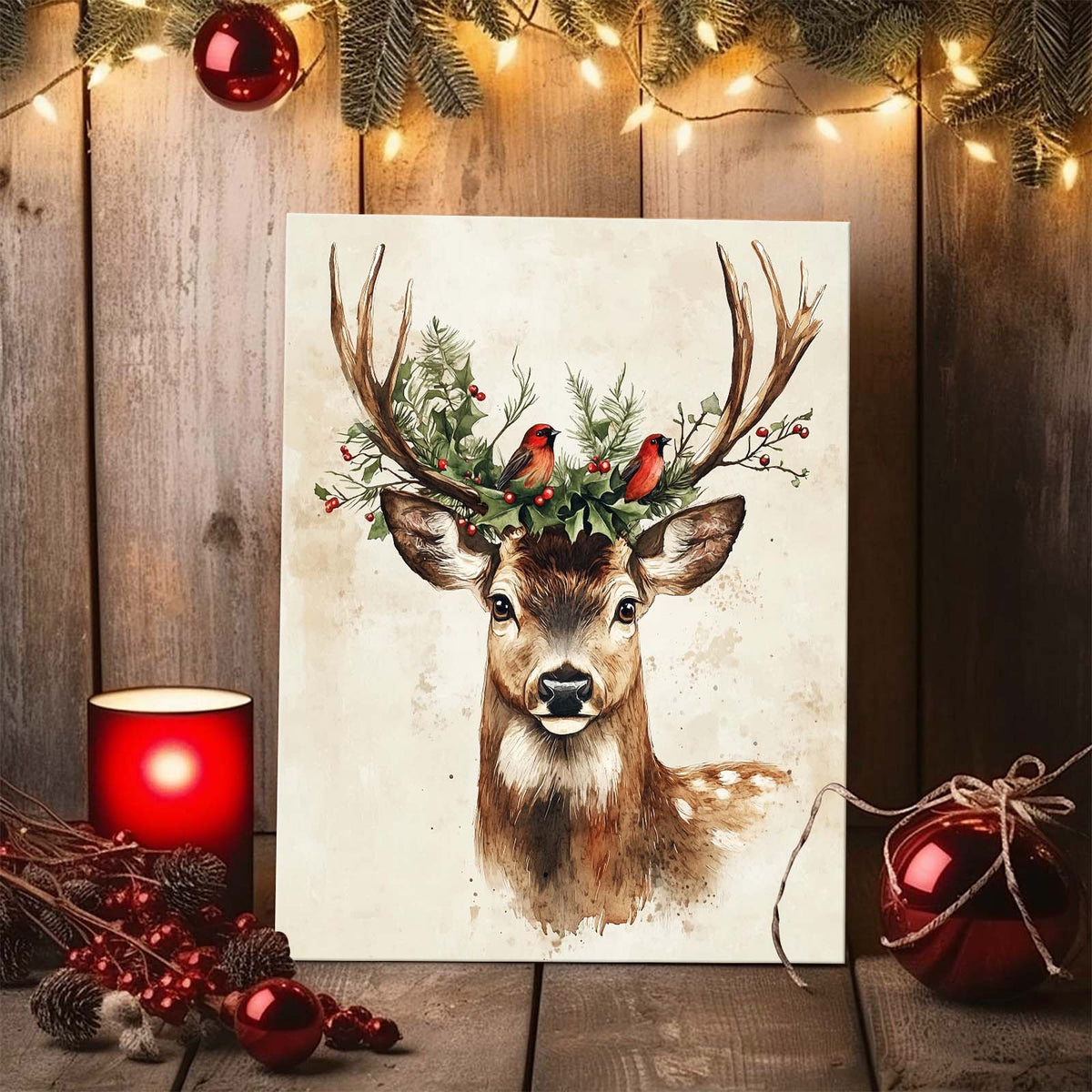 Christmas Deer and Woodland Wildlife Canvas Wall Art, Rustic Winter Holiday Decor
