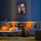 Black Cat and Pumpkins Halloween Whimsical Halloween Night Illustration Wall Art