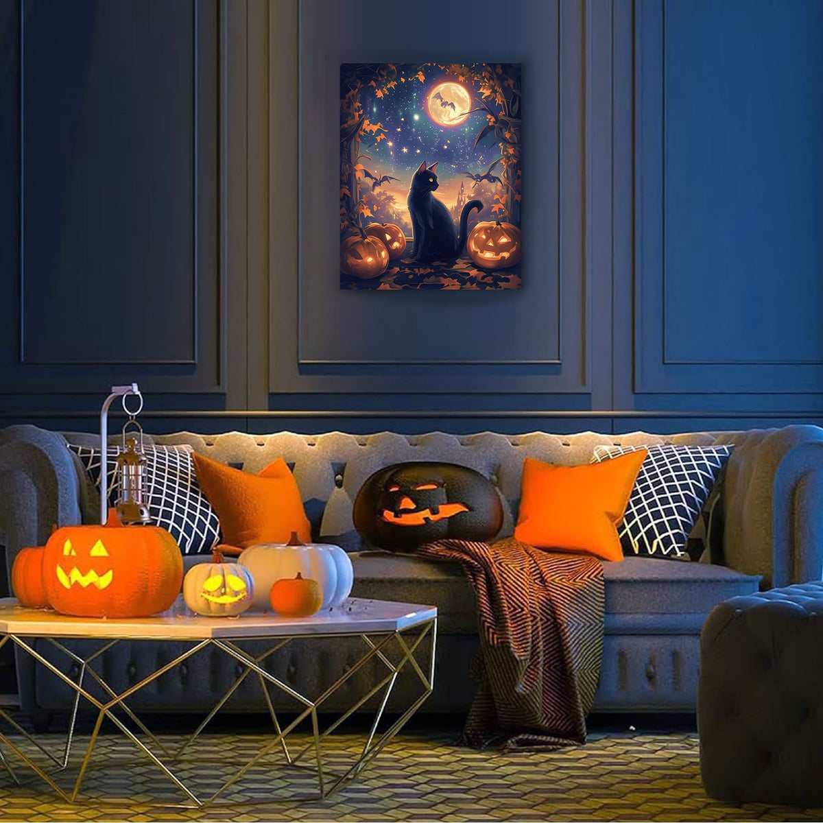 Black Cat and Pumpkins Halloween Whimsical Halloween Night Illustration Wall Art
