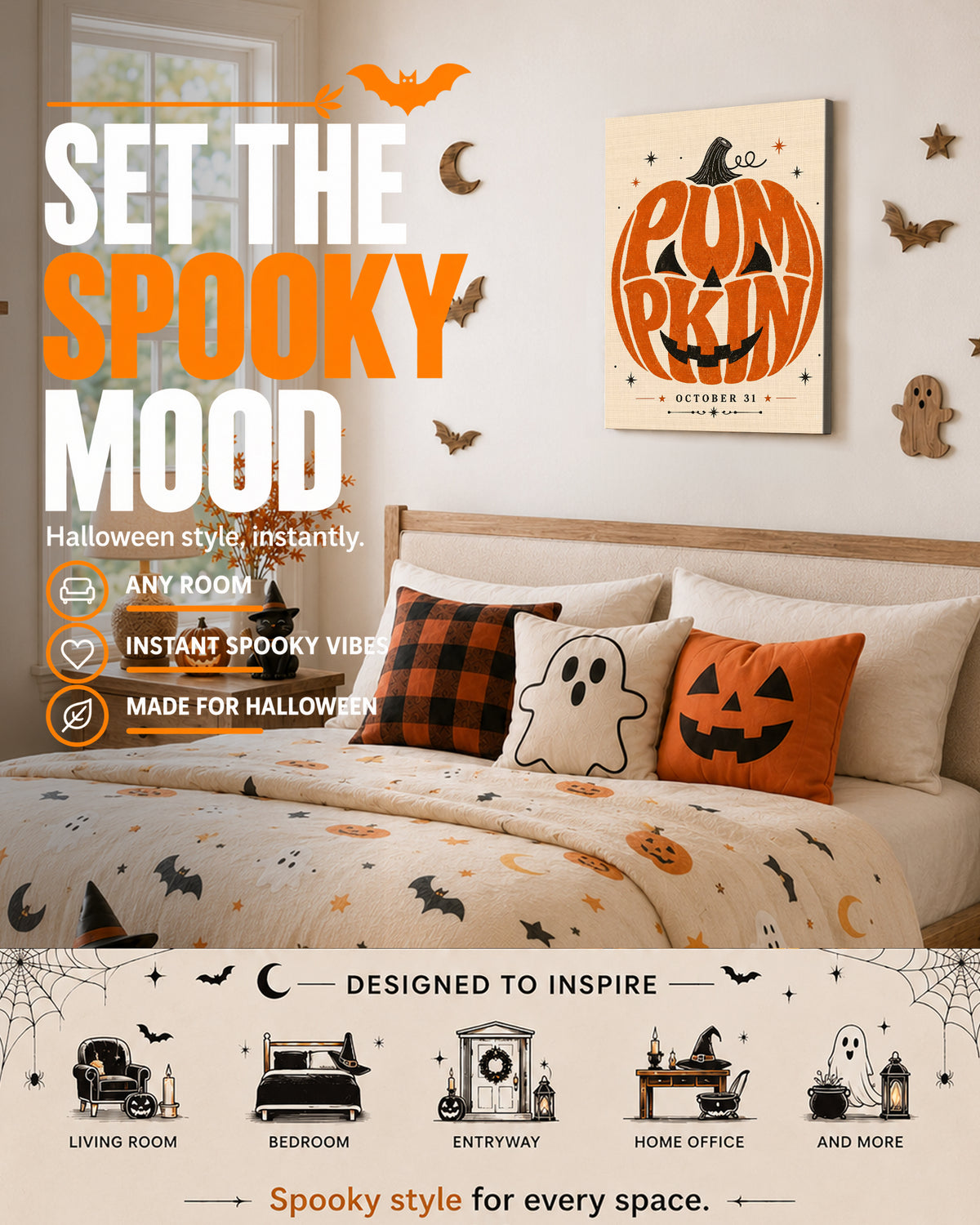 Retro Autumn Pumpkin Typography Halloween Canvas Wall Art