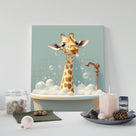 Giraffe in the Bathtub Whimsical Surreal Animal Illustration Wall Art