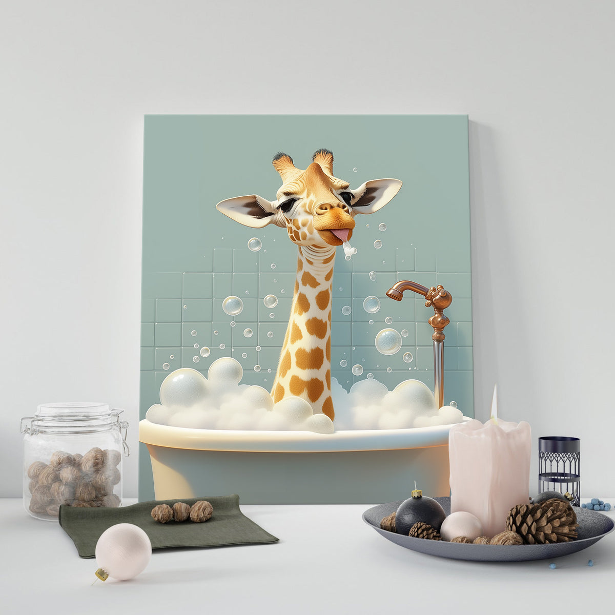 Giraffe in the Bathtub Whimsical Surreal Animal Illustration Wall Art