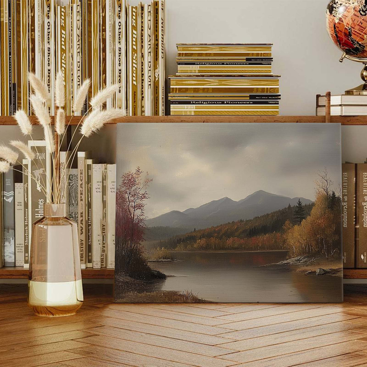 Autumn Misty Mountain Lake Landscape Painting Wall Art
