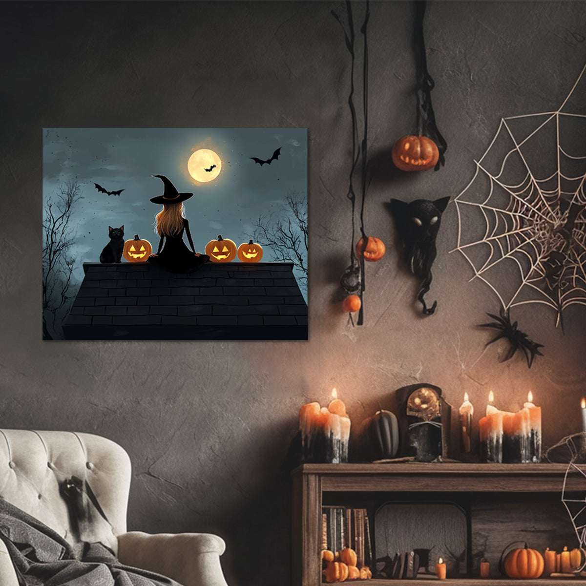Witch, Black Cat and Pumpkins Halloween Wall Art