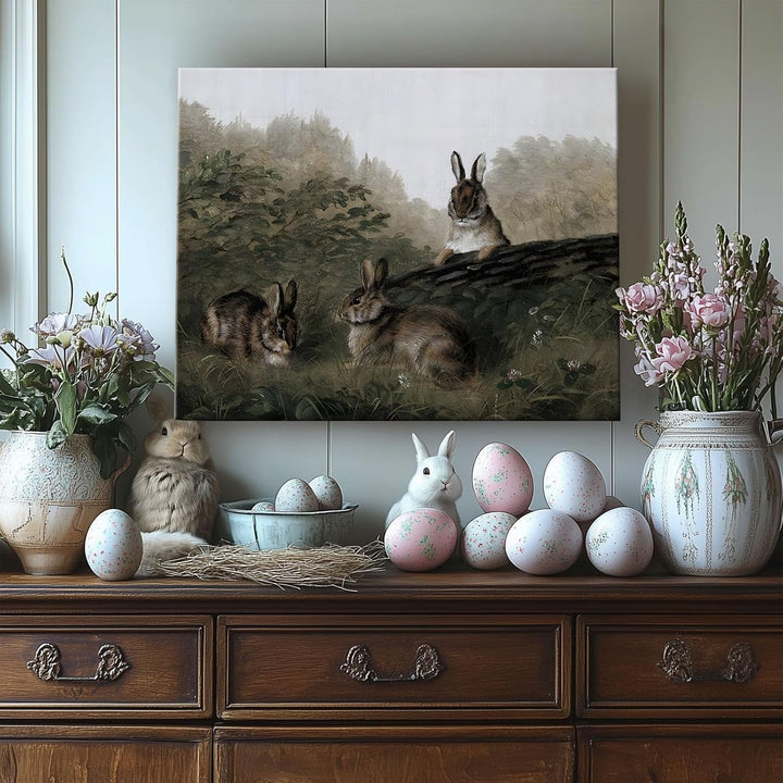 Easter Rabbits Framed Canvas Wall Art, Adorable 4 Hares Cave Oil Painting Home Decor, Nature-Inspired Wall Decor Stunning Lovable Bunny Canvas Prints for Living Room