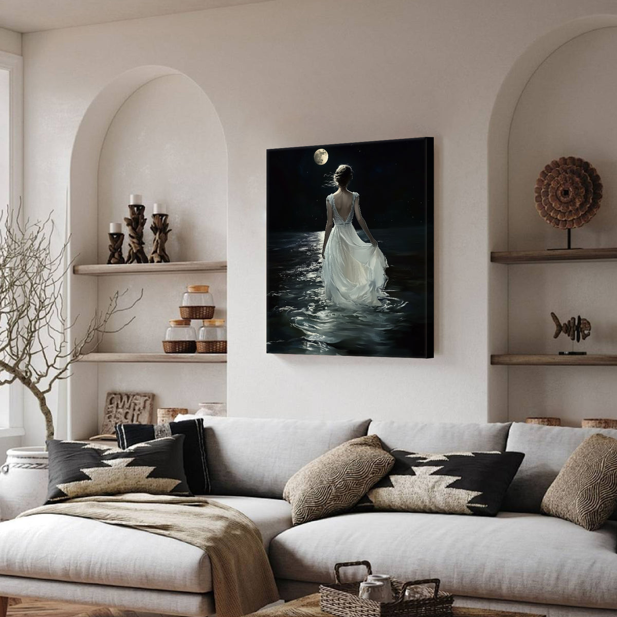 Dreamy Romantic Fantasy Painting Moonlit Woman by the Sea Wall Art