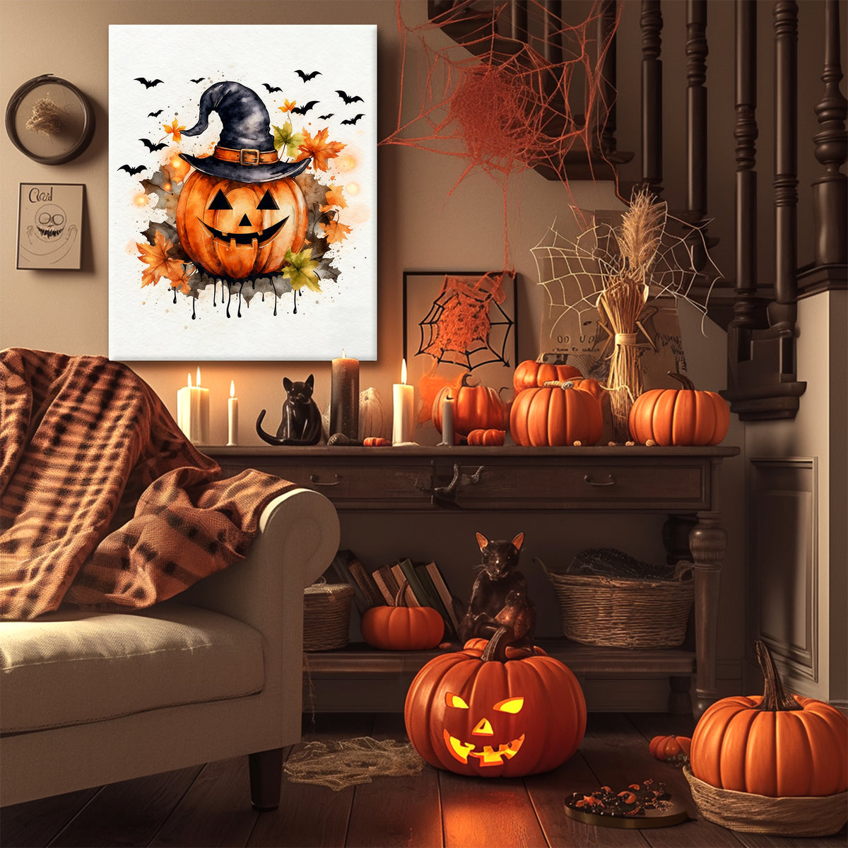 Watercolor Witch Hat Pumpkin Halloween Canvas Wall Art