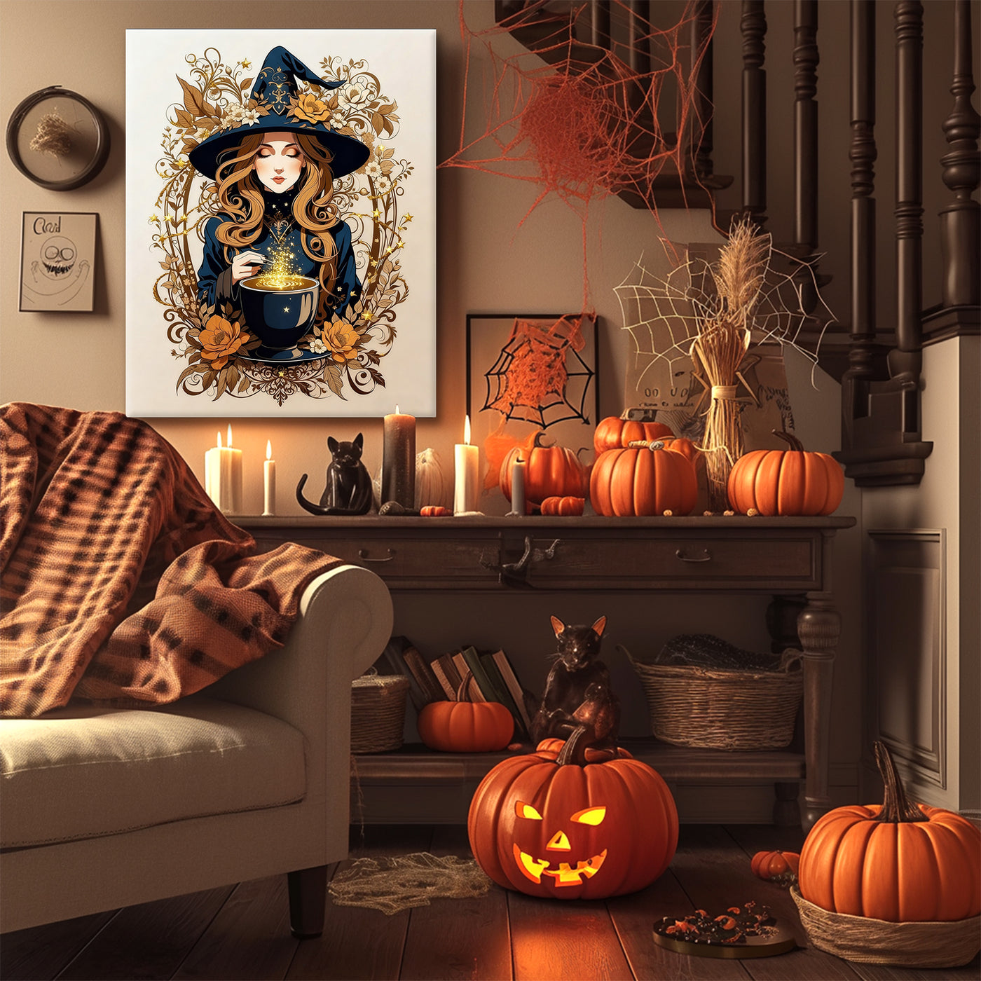 Enchanted Floral Witch Halloween Canvas Wall Art