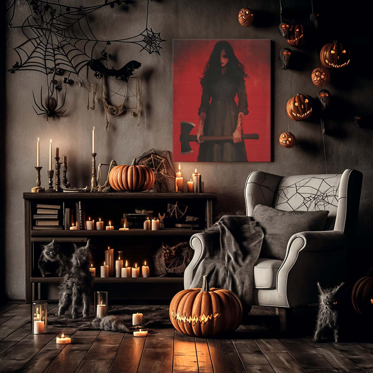 Female Horror Villain with Axe Dark Gothic Horror Portrait Painting Halloween Wall Art