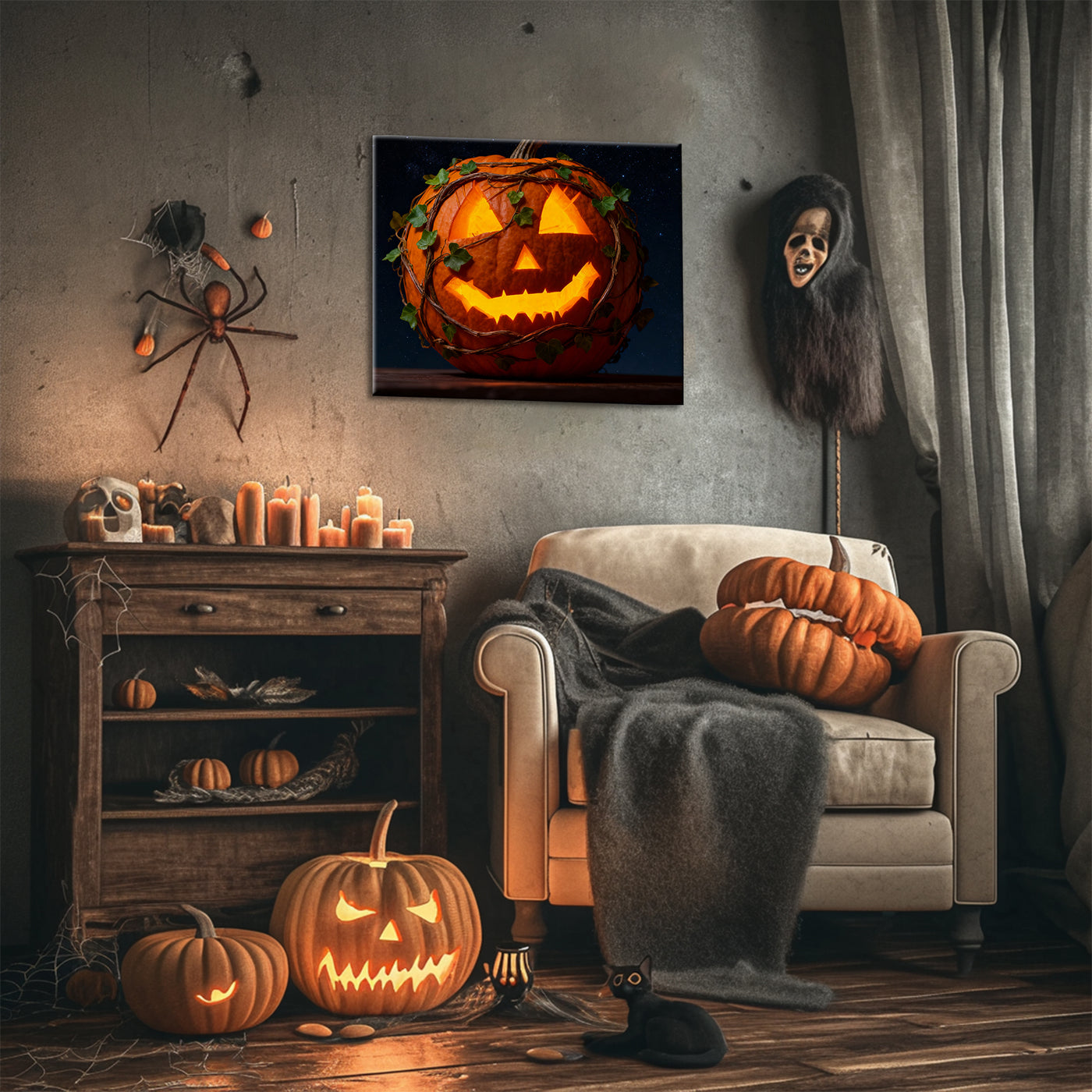 Vine-Wrapped Jack-o’-Lantern Halloween Canvas Wall Art