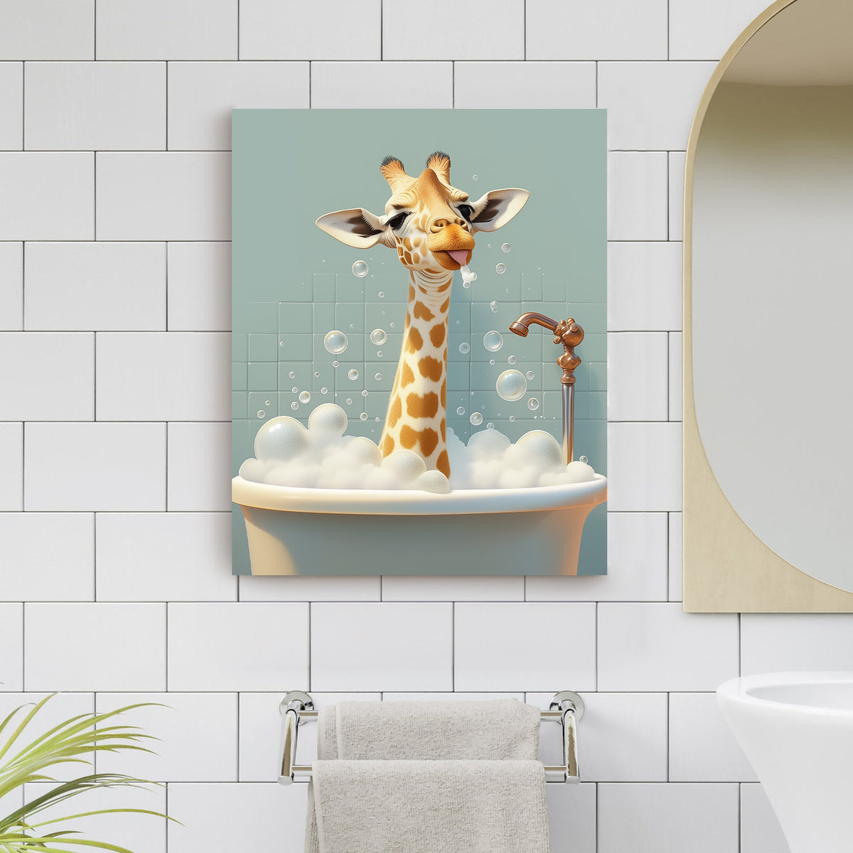 Giraffe in the Bathtub Whimsical Surreal Animal Illustration Wall Art