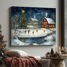 Christmas Ice Skating Canvas Wall Art, Snowy Farmhouse Scene with Christmas Tree and Barn Holiday Decor