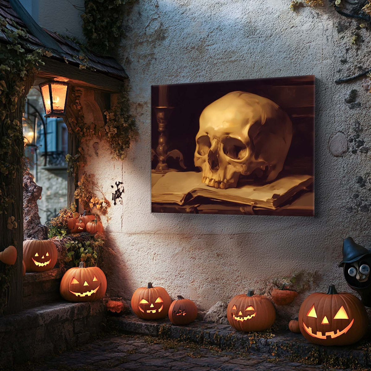 Dark Academia Skull Still Life Painting and Book Wall Art