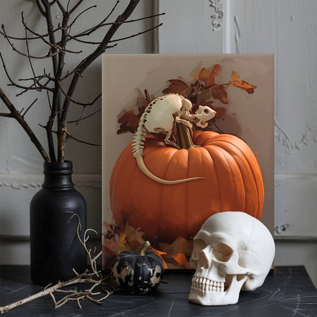 Skull Skeleton Perched on Pumpkin Halloween Wall Art