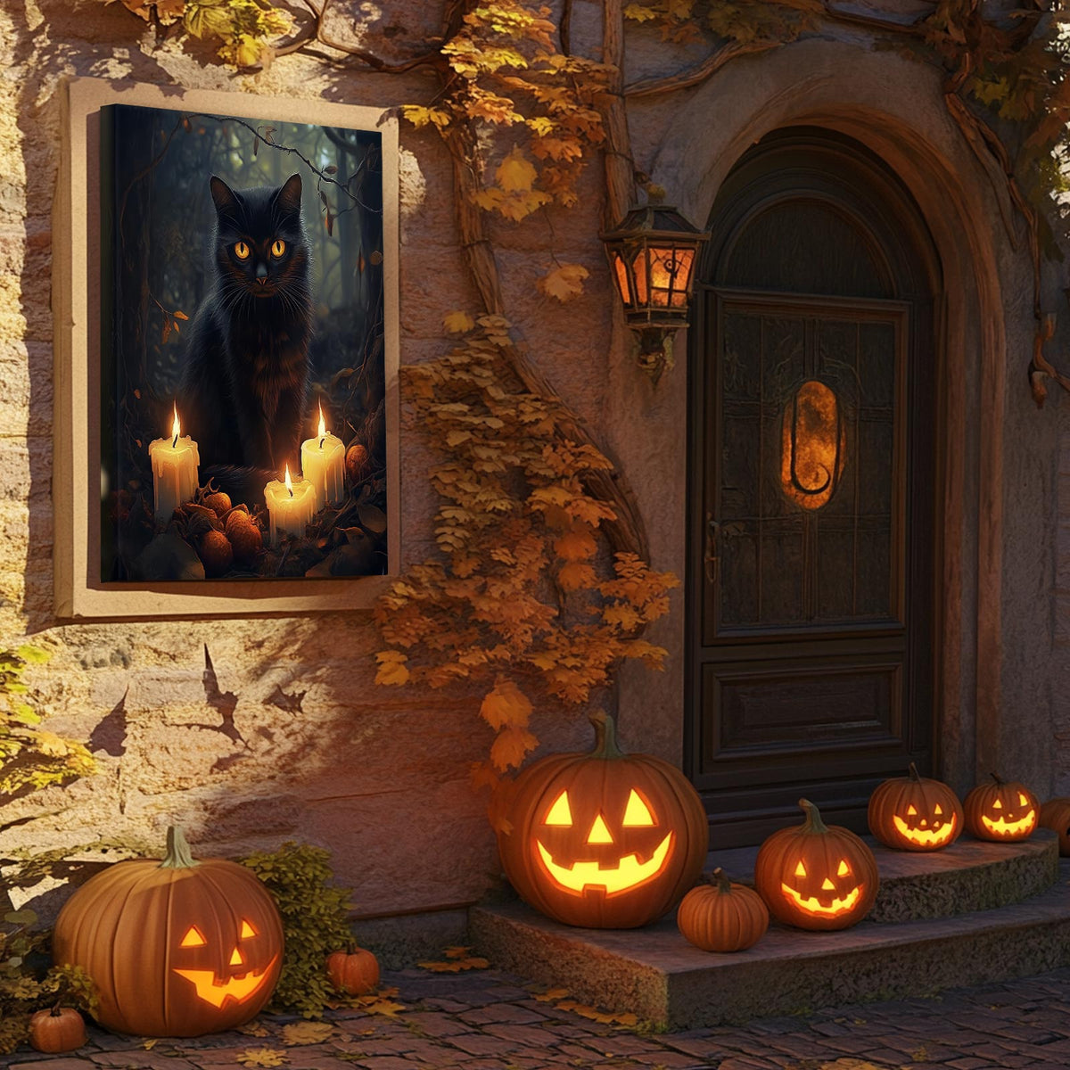 Enchanted Forest Black Cat Painting and Candles Halloween Wall Art