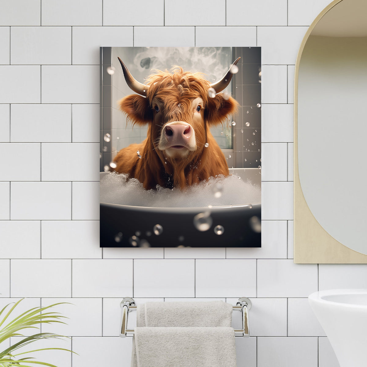 Highland Cow in the Bathtub Whimsical Surreal Animal Illustration Wall Art
