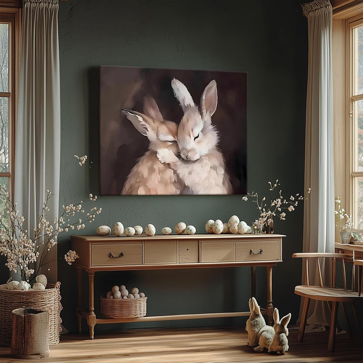 Rustic Easter Bunny Canvas Wall Art, 2 Rabbits Farmhouse Home Decor Print Painting Artwork, Modern Easter Charm Holiday Gift Nursery Living Room Bedroom Decoration