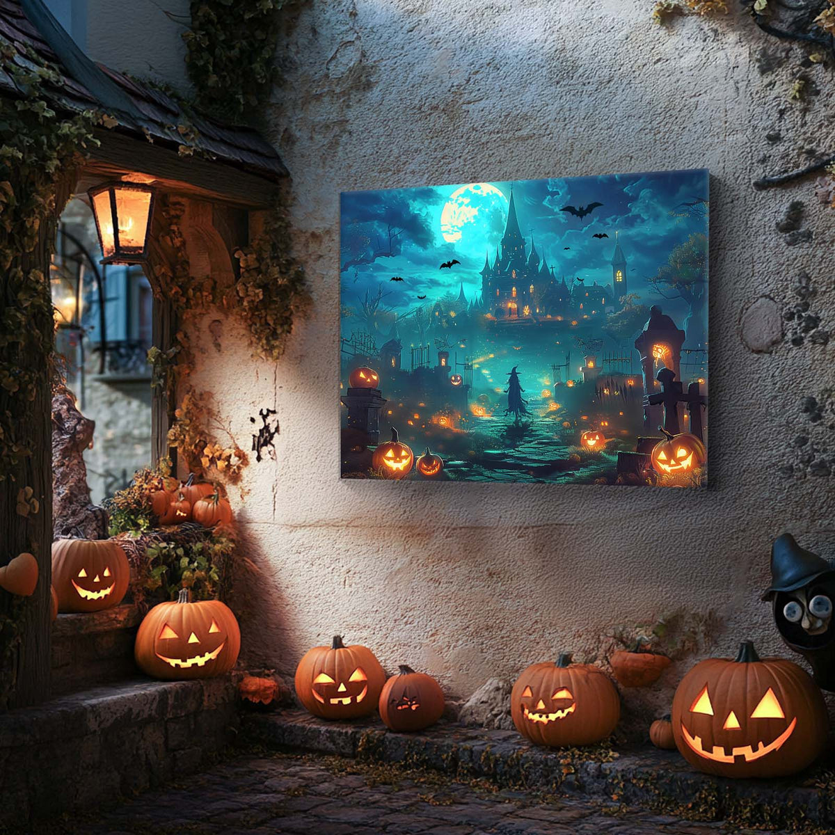 Haunted Halloween Moonlit Pumpkin Castle Landscape Wall Art