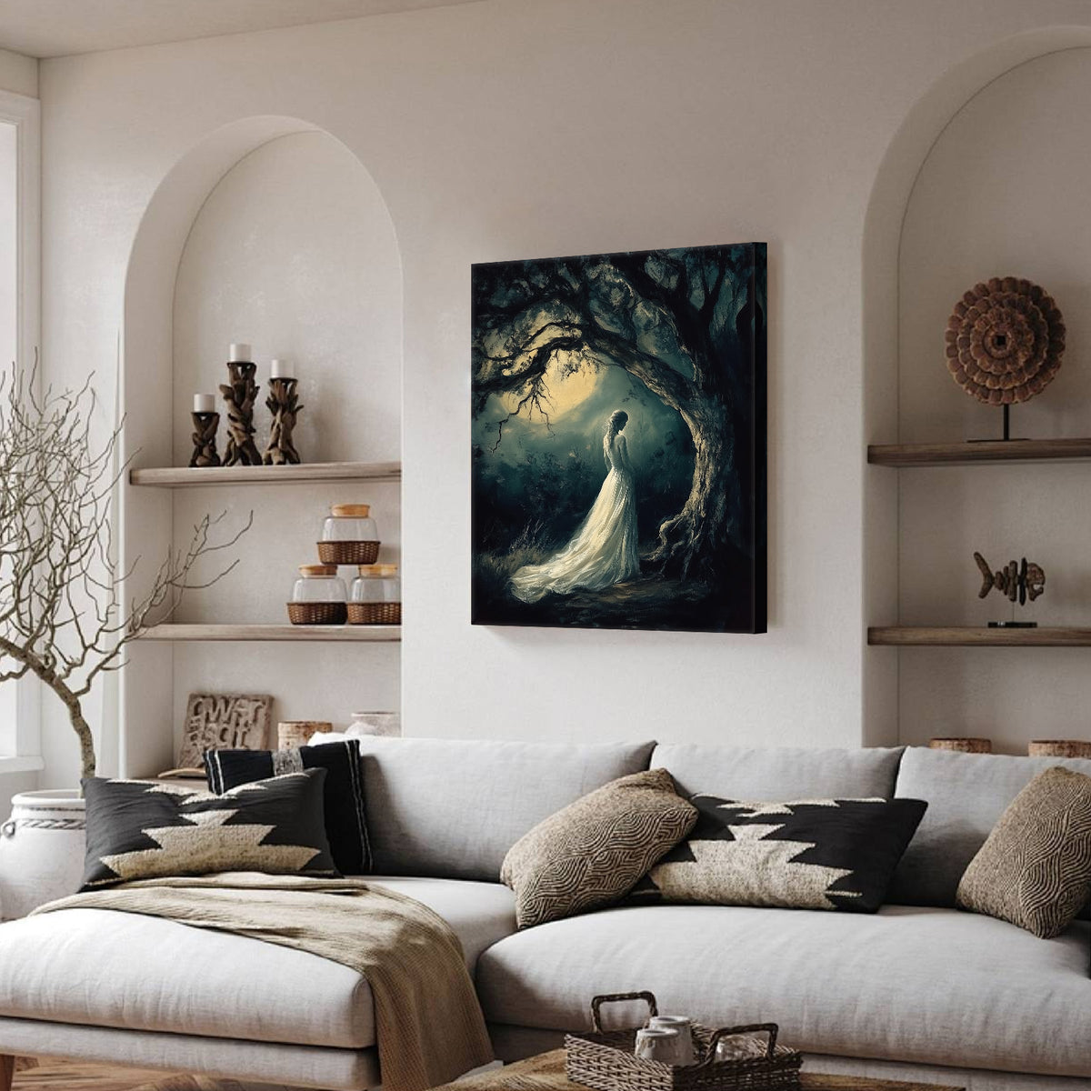Dark Romantic Fantasy Painting Ghostly Woman in the Enchanted Forest Wall Art