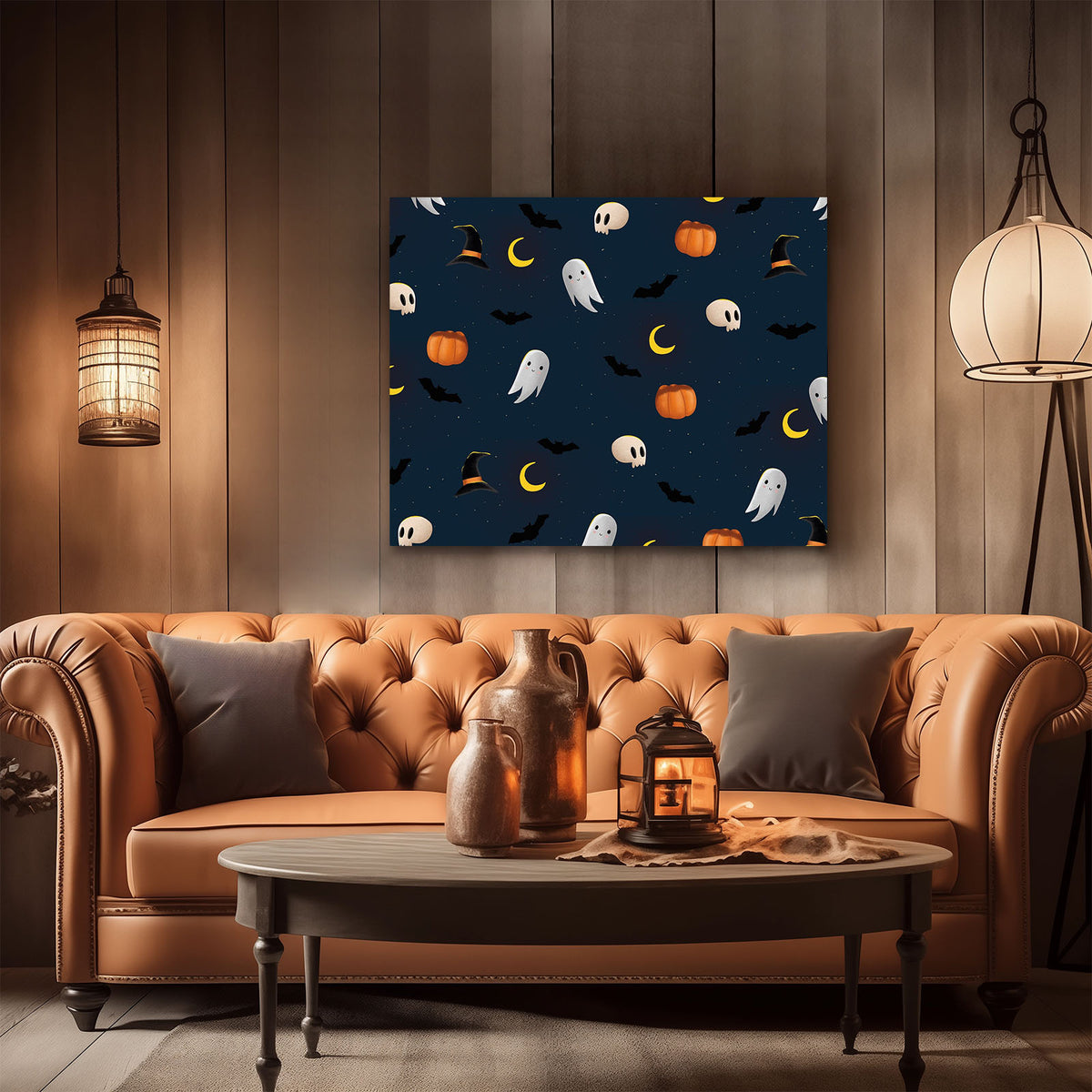 Cute Ghost, Bat and Pumpkin Pattern Illustration Halloween Ghost Wall Art