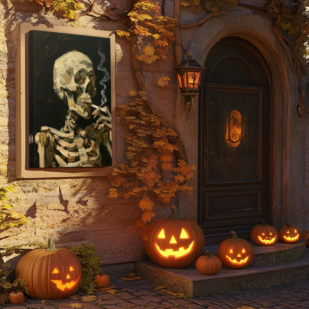 Vintage Smoking Skeleton Portrait Painting Wall Art