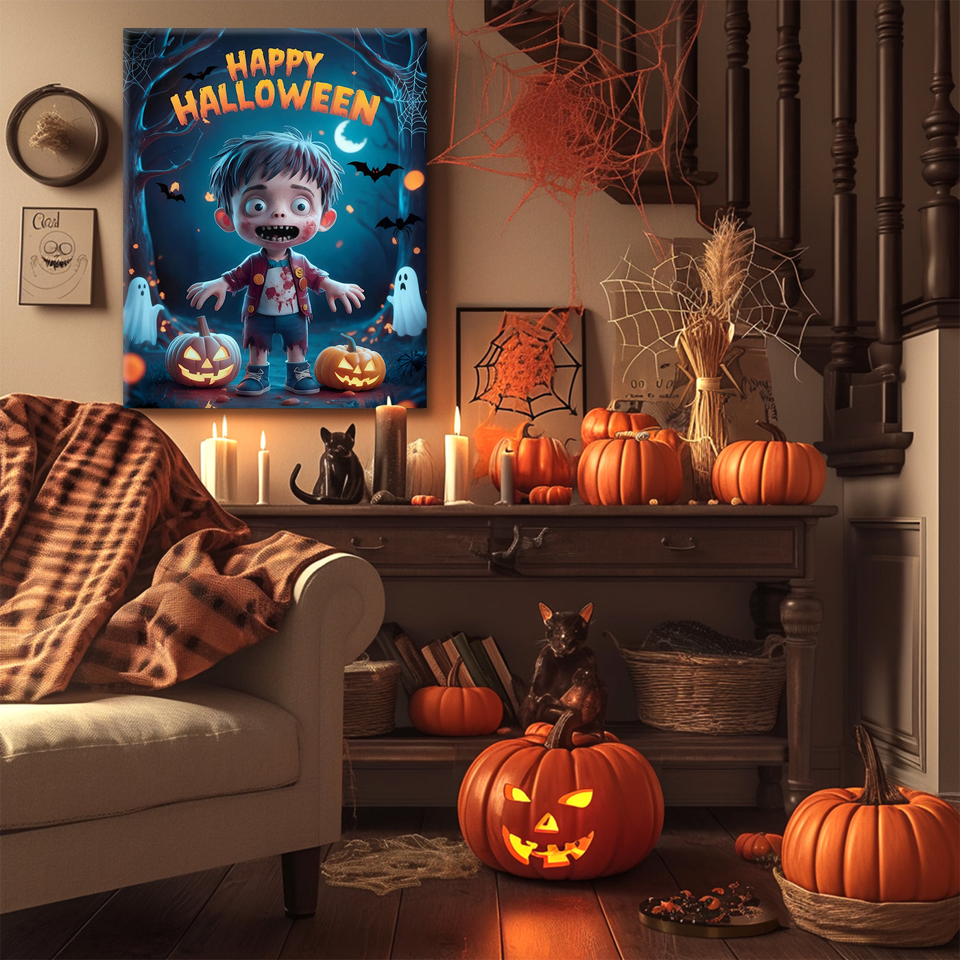 Little Zombie’s Halloween Night Canvas Wall Art for Kids