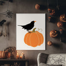 Halloween Minimalist Crow on Pumpkin Illustration and Pumpkin Wall Art
