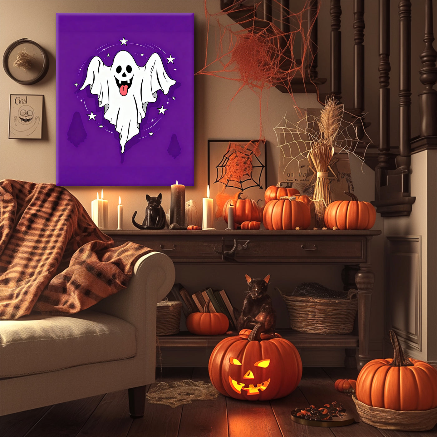 Playful Starry Ghost Halloween Canvas Wall Art