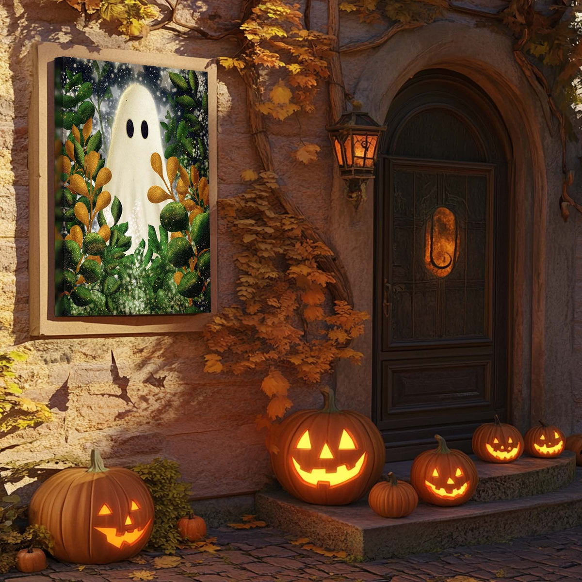 Cute Ghost Among Autumn Foliage Illustration Halloween Wall Art