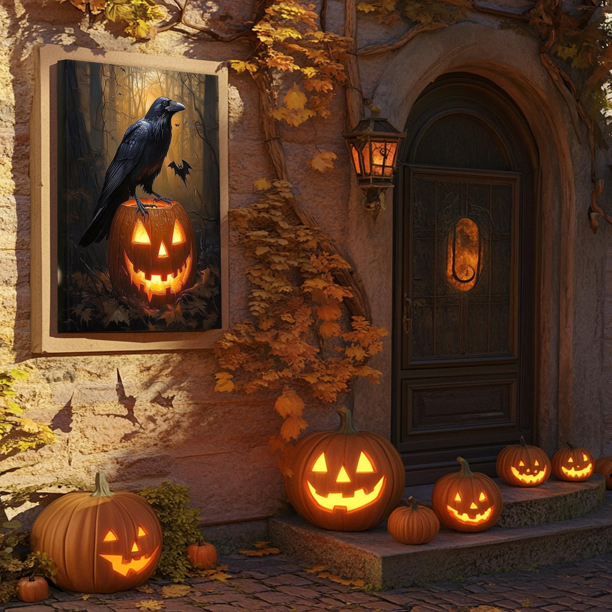 Dark Gothic Painting Raven and Pumpkin Halloween Wall Art