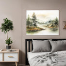Soft Watercolor Woodland Landscape Misty Pine Forest Lake Wall Art