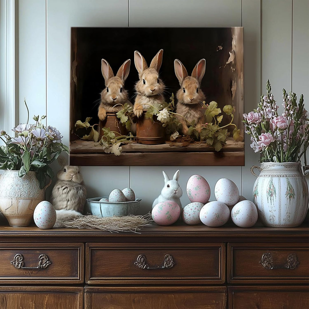 Easter Rabbits Framed Canvas Wall Art, Potted Hares and Plants Oil Painting Home Decor, Nature-Inspired Wall Decor Stunning Lovable Bunny Canvas Prints for Living Room, Bedroom, or Nursery