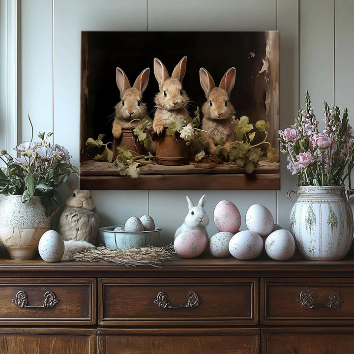 Easter Rabbits Framed Canvas Wall Art, Potted Hares and Plants Oil Painting Home Decor, Nature-Inspired Wall Decor Stunning Lovable Bunny Canvas Prints for Living Room, Bedroom, or Nursery