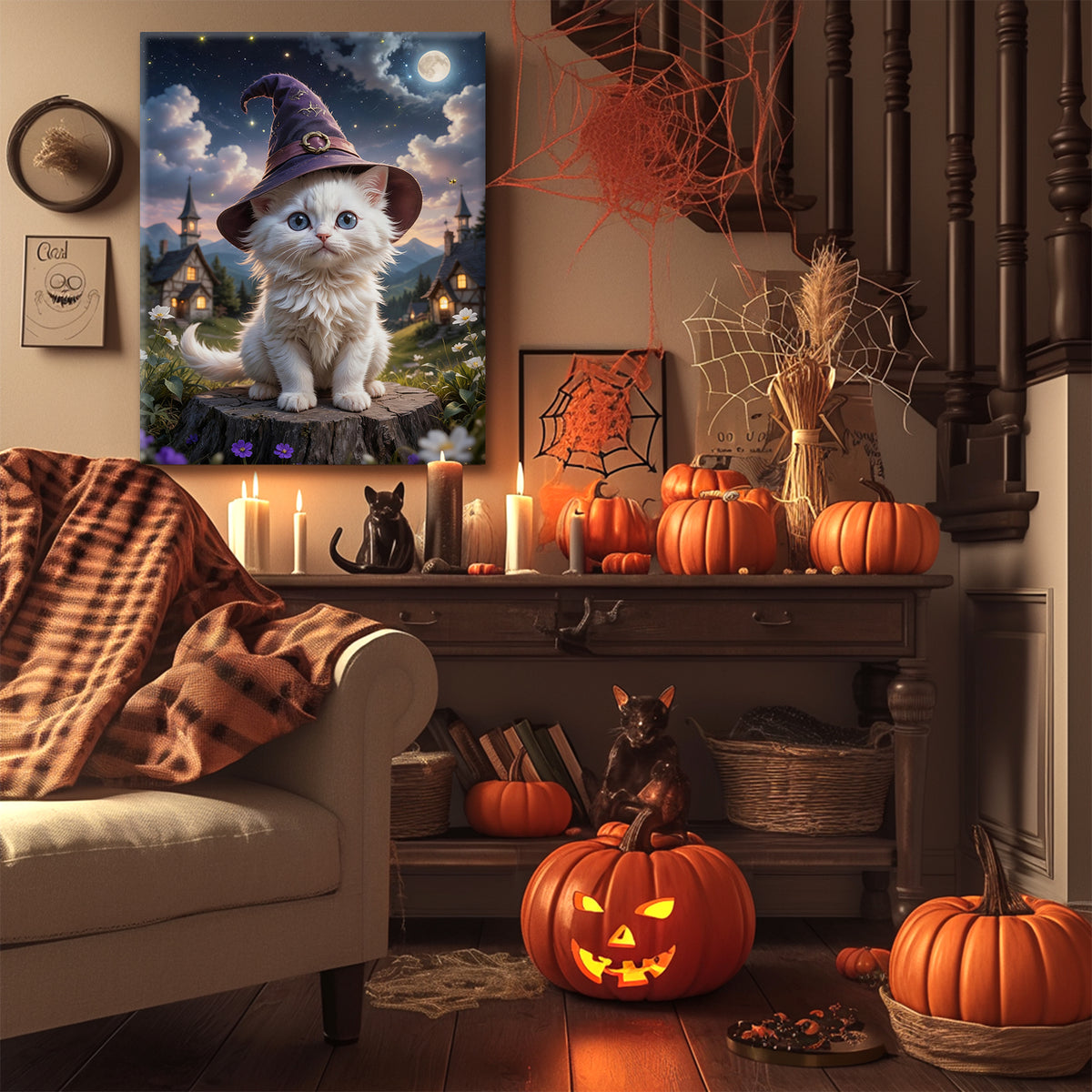 Cute Witch Cat Halloween Canvas Wall Art